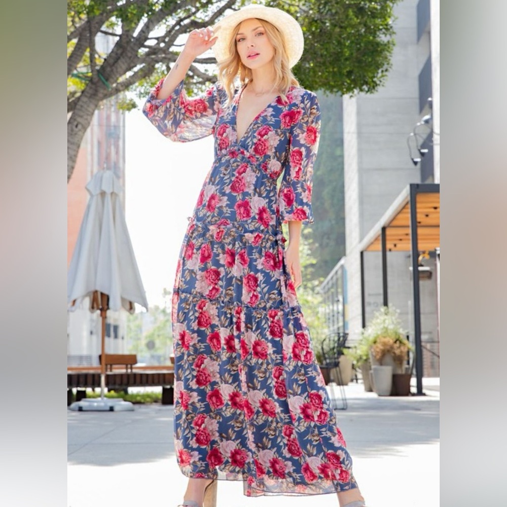 Eesome Blue and Pink Floral Maxi Dress